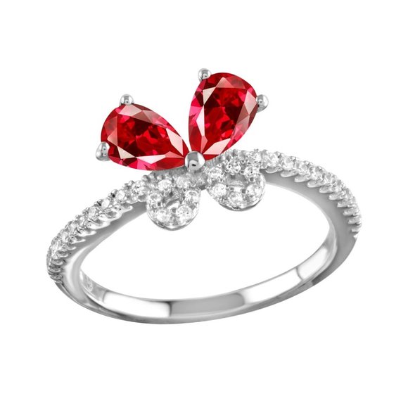 Sterling Silver 925 Rhodium Plated Red Butterfly CZ Ring - Picture 1 of 10